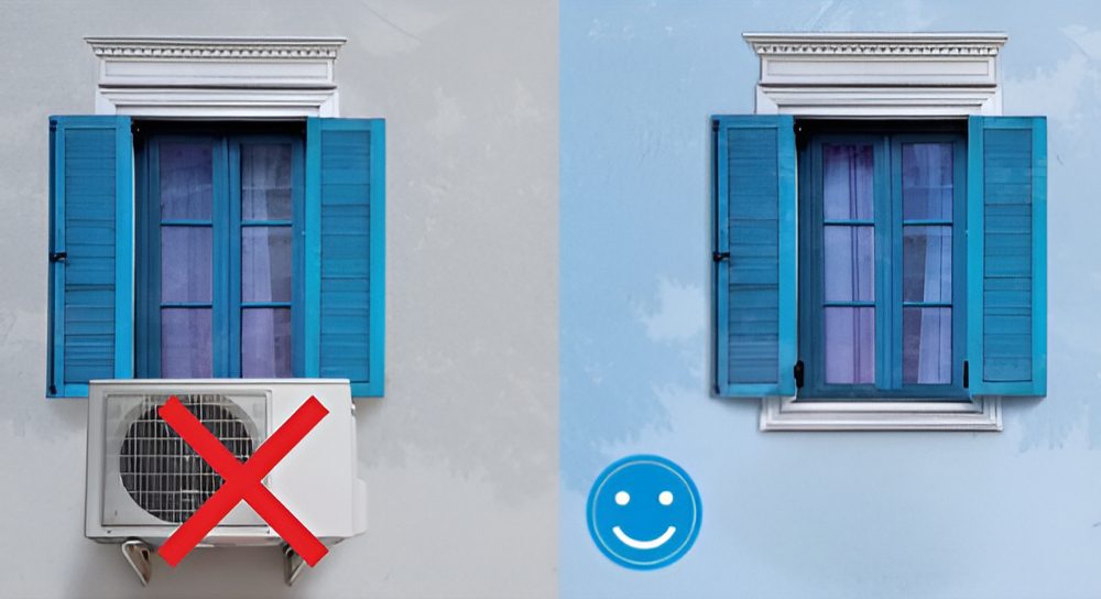 Illustration : façade avec une unité extérieure de climatisation barrée, à côté d'une façade sans unité visible